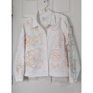 Coldwater Creek Trucker Jacket Coat Women's XL White Embroidered Floral Cotton